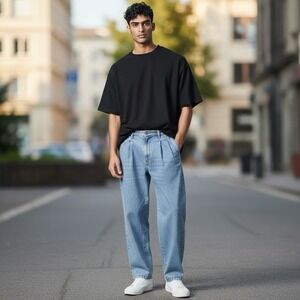 Okio The Huy Mid Rise Pleated Wide Leg Streetwear Y2K Skater Jeans 32 x 32 NEW